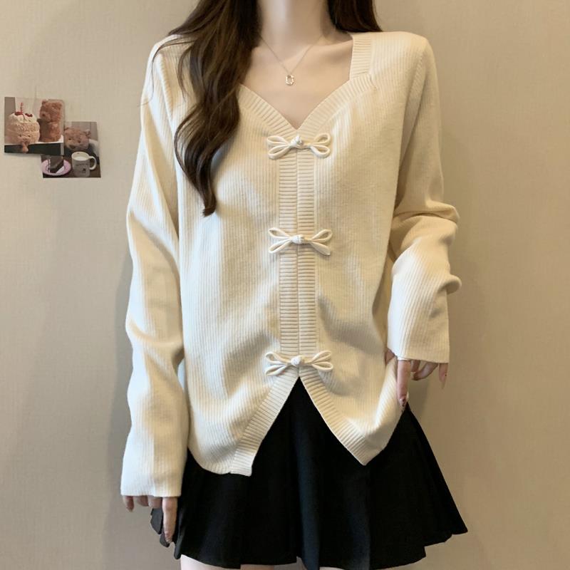 大码方领新中式国风盘扣针织衫长袖女秋冬MM宽松显瘦打底衫0928e