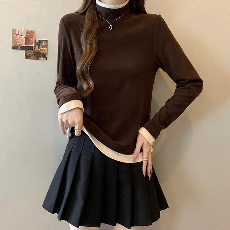 大码女装遮肚子半高领假两件打底上衣女秋胖mm宽松显瘦百搭T0928e