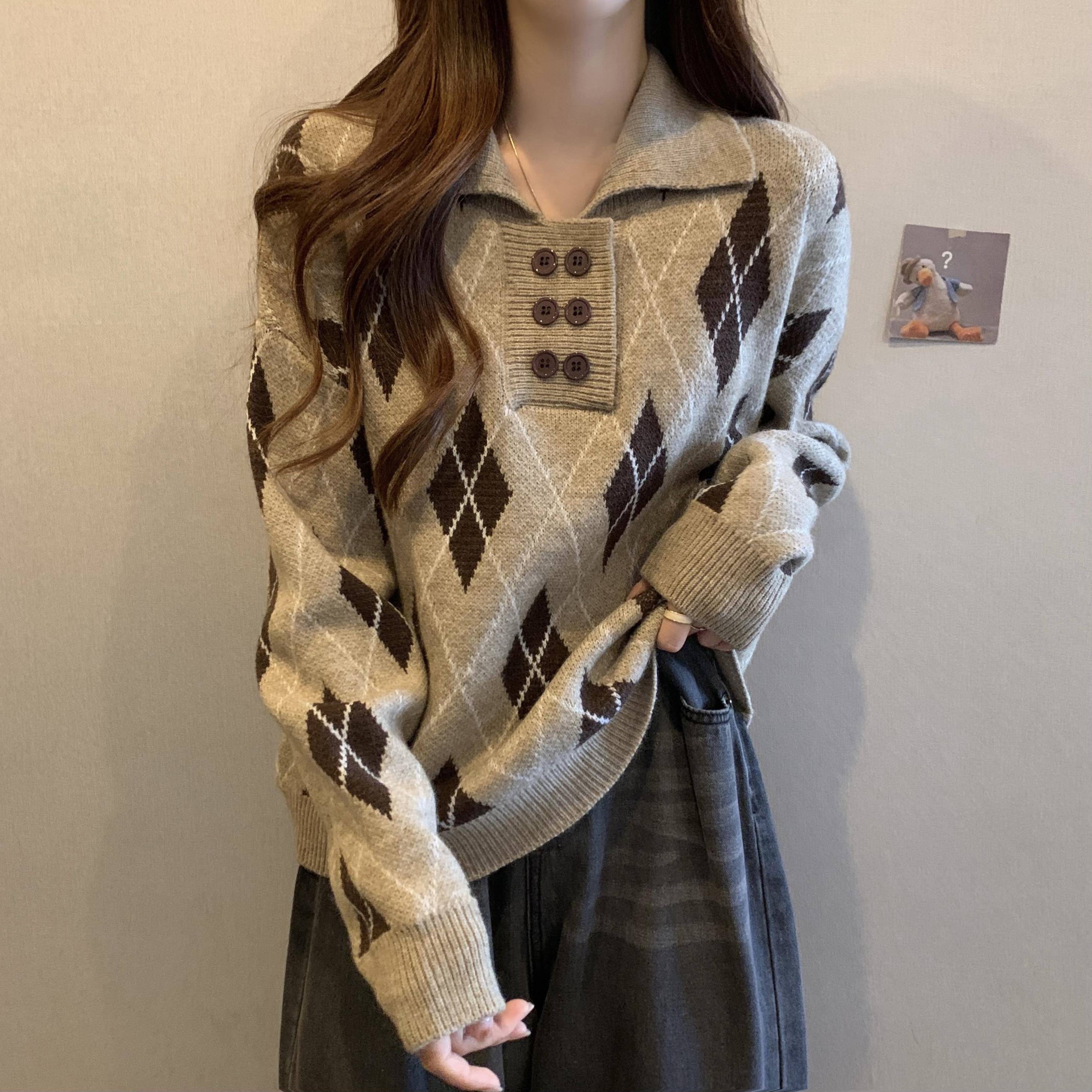 码慵懒风遮肚子打底毛衣秋胖妹妹宽松显瘦polo领针织衫时尚1121k