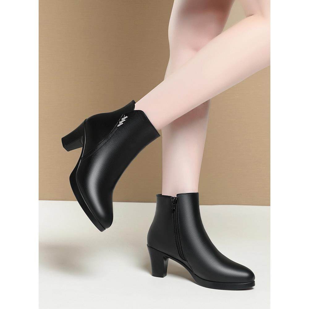 尖头短靴女秋秋单靴2025新款粗跟秋冬季靴子高跟鞋加绒皮鞋1029h