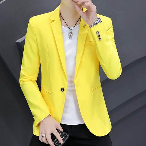 初秋黄色小西装男士韩版修身非主流上衣年短款个性西服时尚0906e