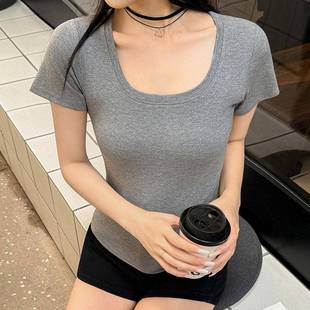紧身T恤正肩大领打底夏季 显瘦百搭上衣女0730d 低领短款 短袖