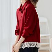 气质女神酒红色polo领卫衣女上衣蕾丝拼接宽松高级感翻领POL0204e
