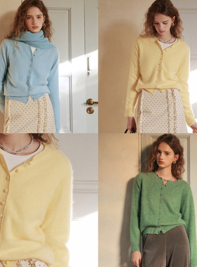 相对纶/超软超暖显气色羊绒羊毛拉毛圆领针织浅黄蓝绿色开衫毛衫