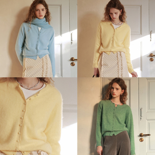 毛衫 相对纶 超软超暖显气色羊绒羊毛拉毛圆领针织浅黄蓝绿色开衫