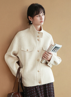 相对纶/混米白工装休闲知识分子风立领年轻双面呢羊毛女短款外套
