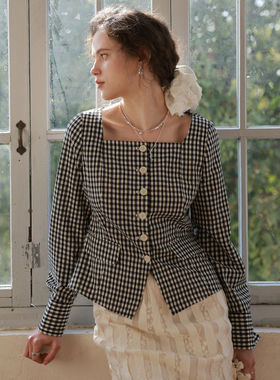 相对纶/显锁骨不走光方领掐收腰黑白格子法式显瘦女式新款衬衫