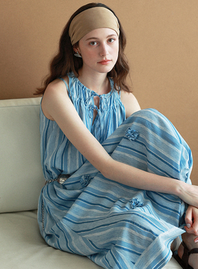 相对纶/法式条纹马甲海边度假蓝色无袖女夏日孕妇绝美小连衣裙子