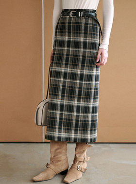 相对纶/巨显瘦/微绒针织长格子法式知识分子风百搭黑色弹力直筒裙