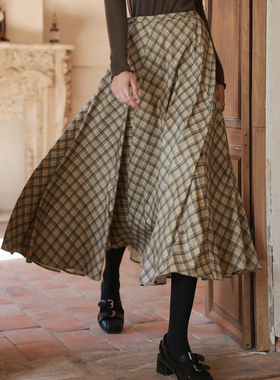 相对纶/暖绒内衬/弹力腰超大裙摆法式大方得体巨好看长裙格子伞裙