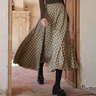 大方得体巨好看长裙格子伞裙 弹力腰超大裙摆法式 相对纶 暖绒内衬
