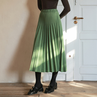 半身裙 绿色重工立体双压褶大摆新年2025秋冬新款 相对纶 暖绒内衬