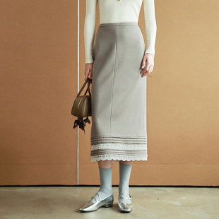 塔克线蕾丝镶边浅灰直筒开叉半身裙 精致优雅法式 相对纶 弹力腰