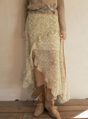 相对纶/拖尾显腿长时髦仙气木耳边黄色印花巨好看2026新款半身裙