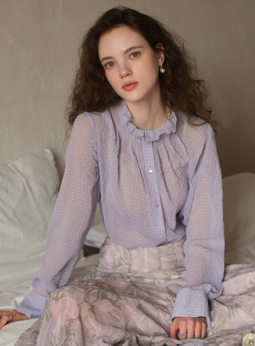 相对纶/细格花苞领微透雪纺衬衫