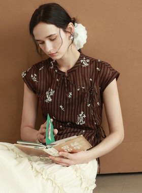 相对纶/腰身可调节刺绣新中式国风咖色漂亮掐腰小衬衫2025夏新款