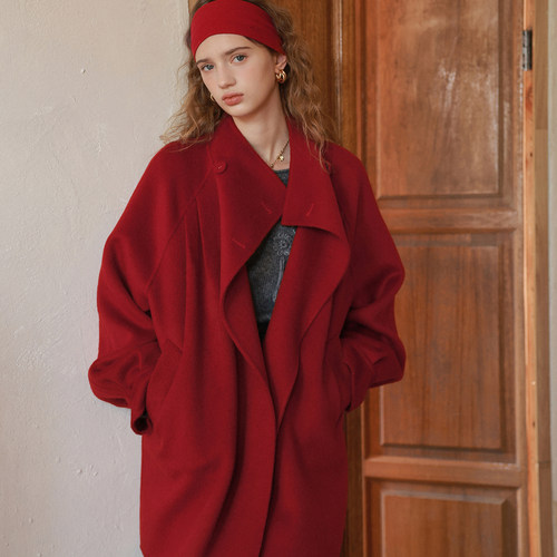 相对纶/新年热颂红色复古立领中长羊毛双面呢巨好看2025新款大衣