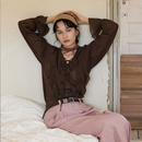 衬衫 V领咖色系带木耳边女式 相对纶波浪卷法式 QB169 鹦鹉梨严选