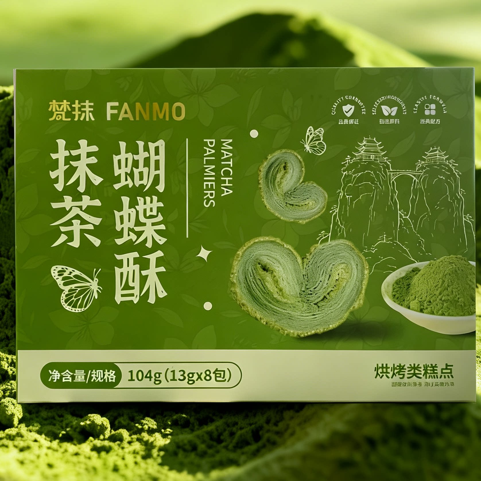 梵抹FANMO抹茶蝴蝶酥铜仁梵净抹茶休闲零食104g盒装烘焙糕点酥糖