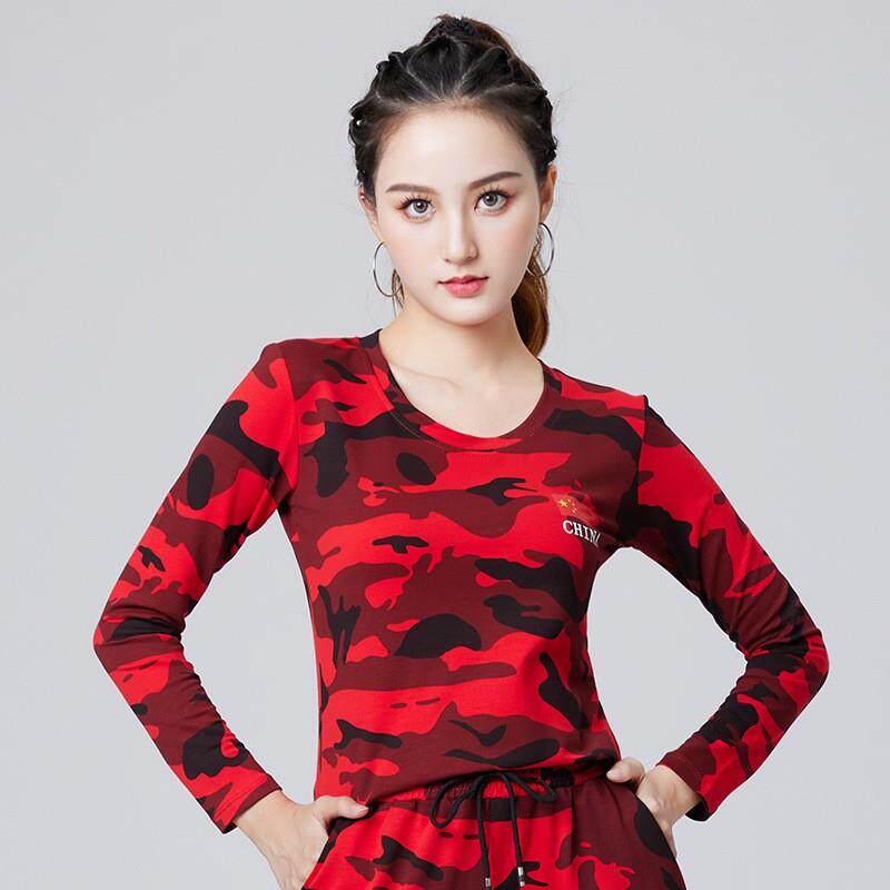 2025年2023夏季新款女立领短袖t恤水兵舞蹈服迷彩军迷广场舞曳步