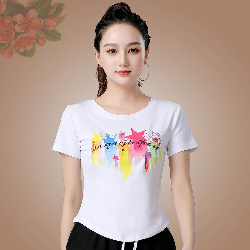 2025年新款女士春夏短袖广场舞服装棉质夏季上衣跳操杨丽萍运动健