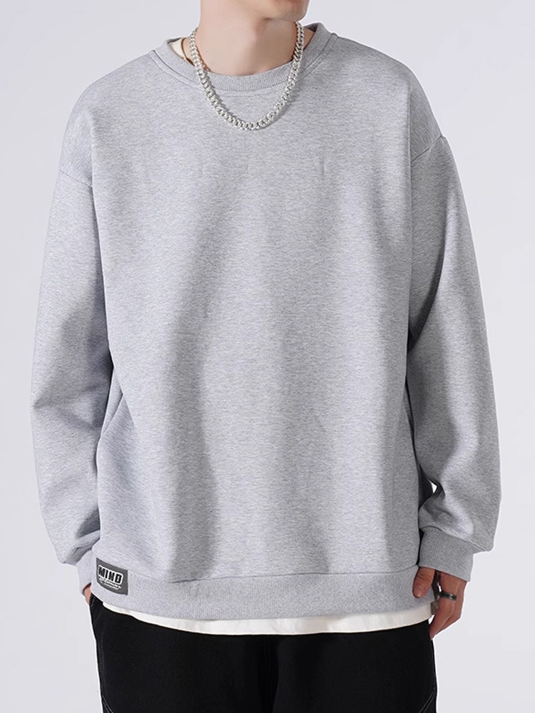 그레이 스웨트 셔츠 남성용 학생 가을 겨울 루즈 라운드 넥 풀오버 캐주얼 긴팔 탑 [벨벳 포함]