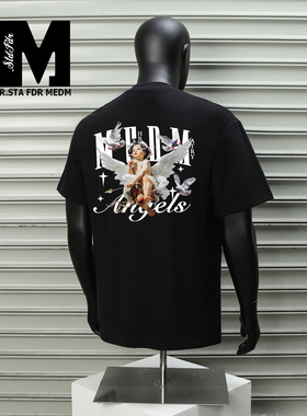 STA FDR MEDM美式高街风天使印花短袖T恤男黑色圆领宽松潮牌体恤