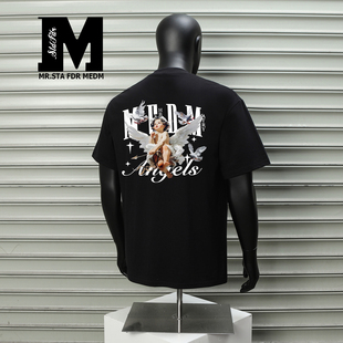 STA FDR MEDM美式高街风天使印花短袖T恤男黑色圆领宽松潮牌体恤