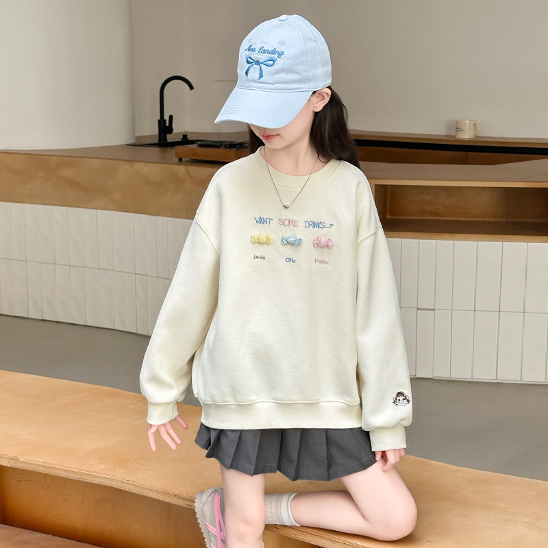 秋冬款女童卫衣运动衫中大童圆领纯棉长袖上衣打底衫体恤衫加绒厚