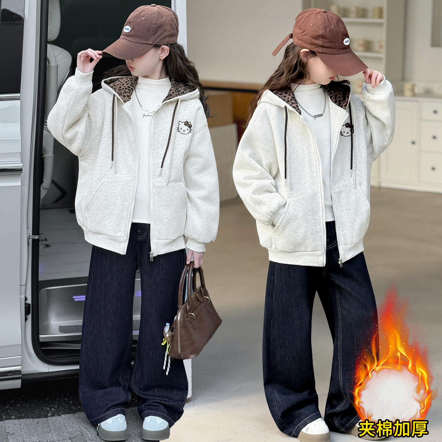 女童2025新款外套秋冬款加绒加厚儿童开衫卫衣中大童冬天连帽上衣