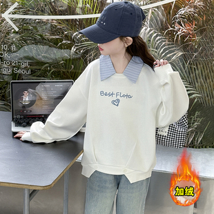 女童假两件刺绣卫衣春秋2026新款大童初中生女孩打底休闲加绒加厚