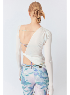 LUCENCY 25春夏露背长袖串珠系绳一字领纯色上衣