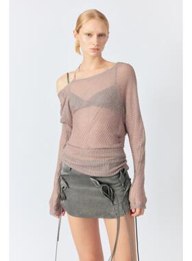 LUCENCY 25春夏一字肩透视蝙蝠袖宽松弹力夹亮丝两色针织衫