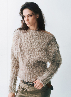 LUCENCY AW25 一字肩针织毛衫可调纽扣设计显瘦百搭通勤气质上衣