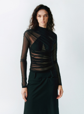 LUCENCY25AW 轻透氛围感 透明网纱抽褶长袖T 恤小众轻奢上衣