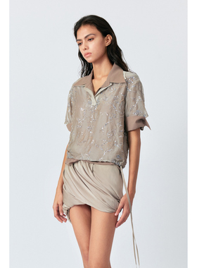 LUCENCY 25春夏亮片米珠刺绣polo短袖上衣两件套