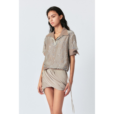 LUCENCY 25春夏亮片米珠刺绣polo短袖上衣两件套