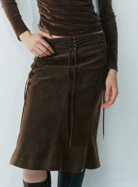 LUCENCY25AW 仿麂皮半身裙 做旧水洗绑带腰头鱼尾设计