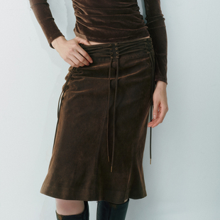 LUCENCY25AW 做旧水洗绑带腰头鱼尾设计 仿麂皮半身裙