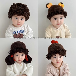 婴幼儿女宝宝假发帽男童女童秋冬薄款帽子儿童婴儿针织套头毛线帽