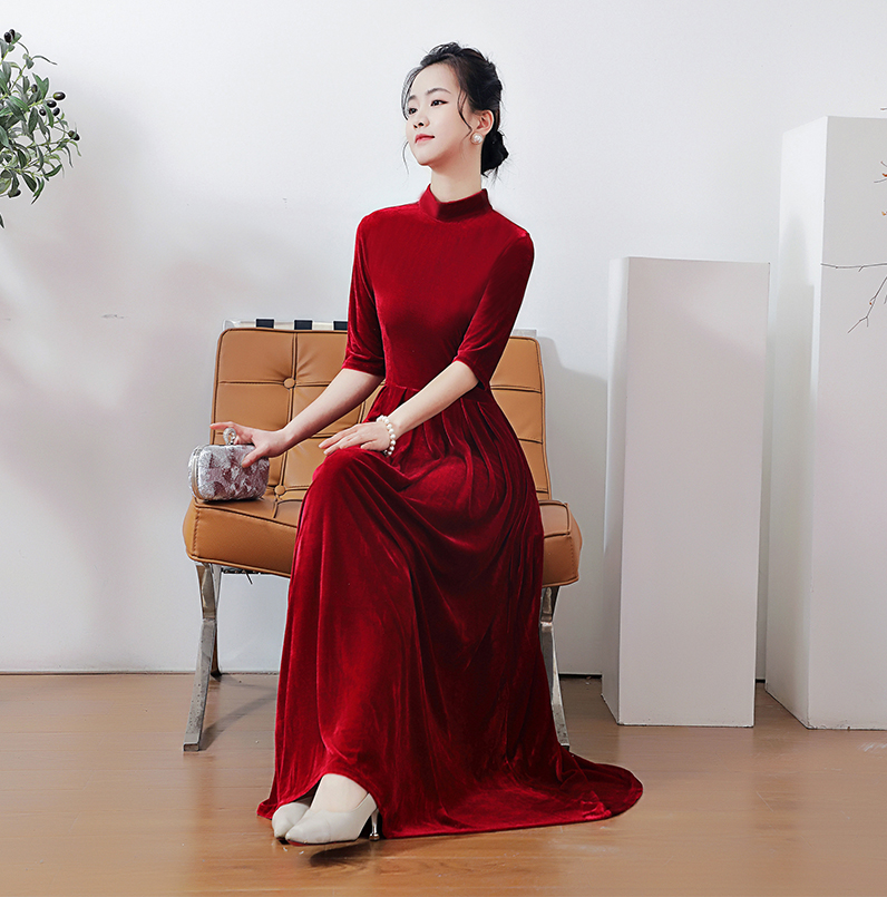 2022春夏秋金丝绒连衣裙大摆长款弹力复古大码长裙舞台表演连衣裙