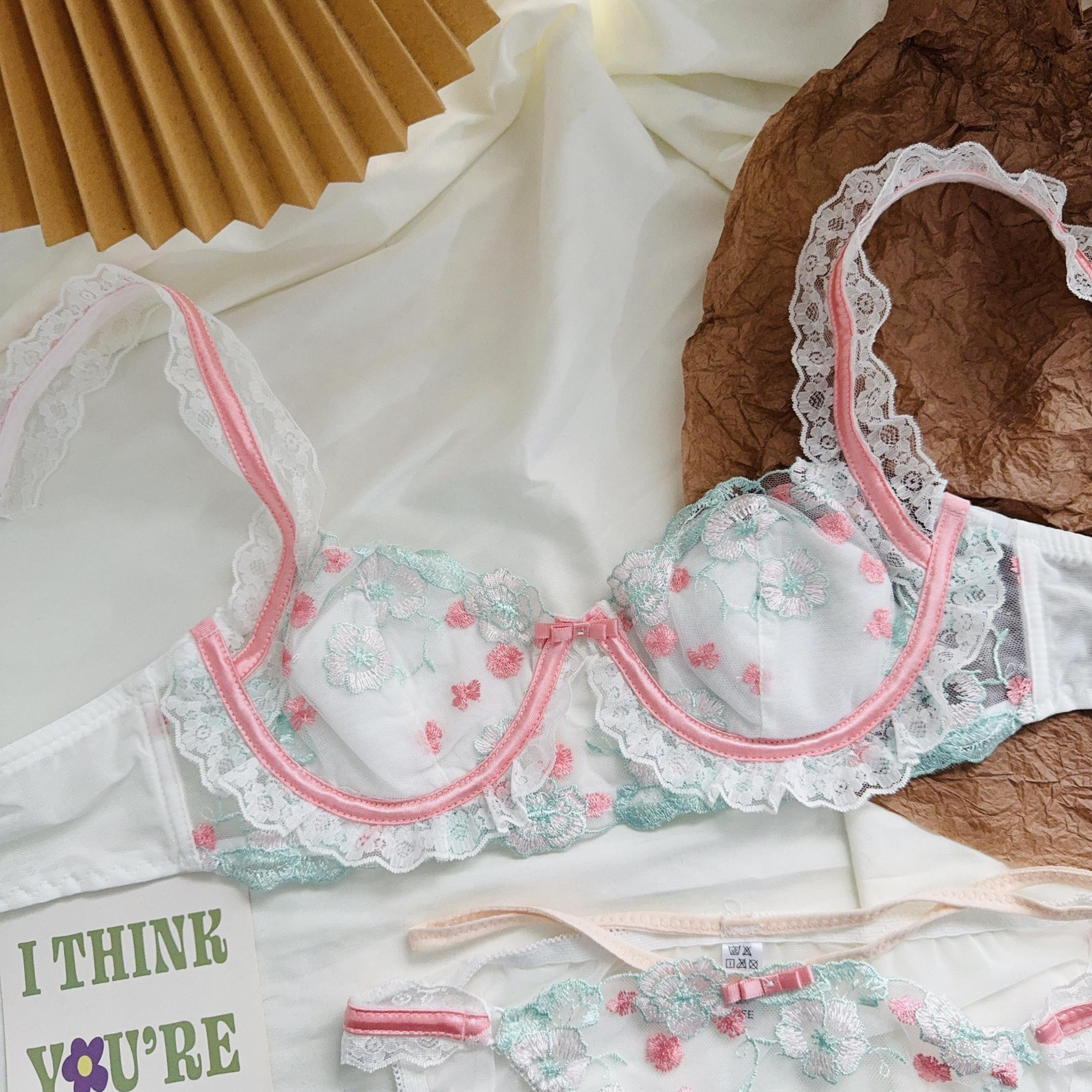 法式甜美纯欲风内衣女超薄款刺绣蕾丝上托防下垂大胸显小文胸套装