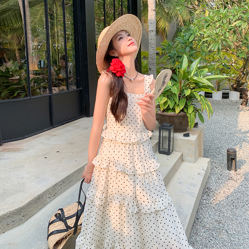 2C177-D33-P125-K188法式优雅波点连衣裙女收腰显瘦蛋糕吊带长裙