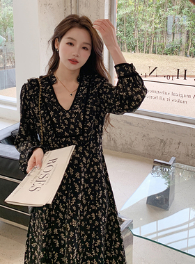 春季新款黑色碎花修身时尚长款连衣裙2C122-906-P120-K178