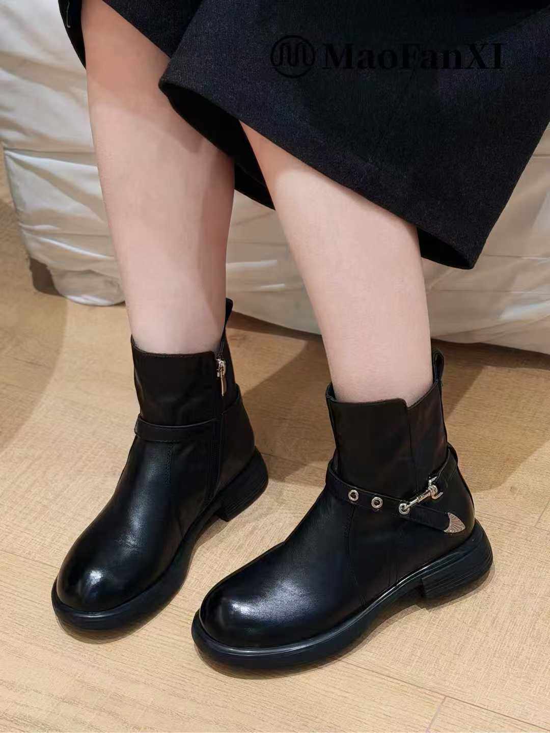 欧洲站欧货牛皮2025新款真皮圆头平跟短靴单靴韩系马丁靴时装靴女