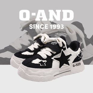 QAND奇安达黑色情侣面包鞋女款5cm厚底增高高中大学生运动板鞋男