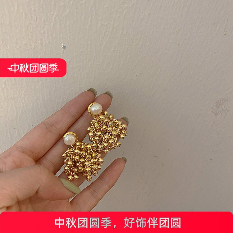 法式复古珍珠金属球球流苏耳环女韩国个性百搭气质时尚耳钉耳饰