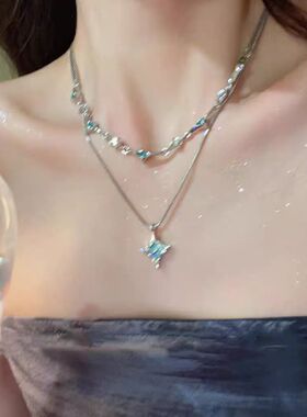 双层蓝色四芒星锆石项链女夏季ins小众设计感配饰时尚气质锁骨链