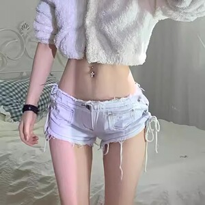 网红性感低腰辣妹超短裤女紧身热裤春夏外穿白色毛边夜店牛仔