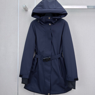腰间系腰带气质连帽中长款羽绒服外套